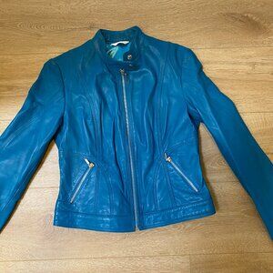 women's fitted teal leather jacket